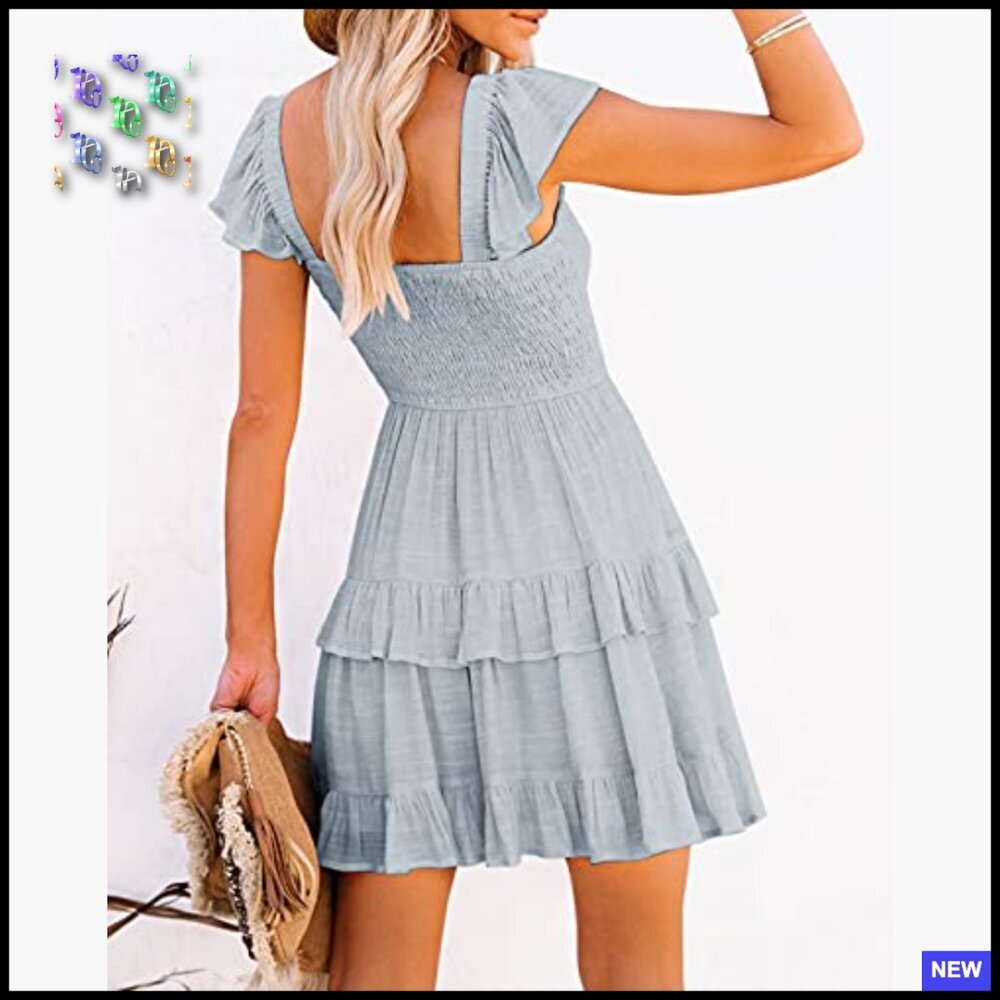 Boho Smocked Ruffle Babydoll Mini Dress Casual Summer Swing Beach - Picture 2 of 7